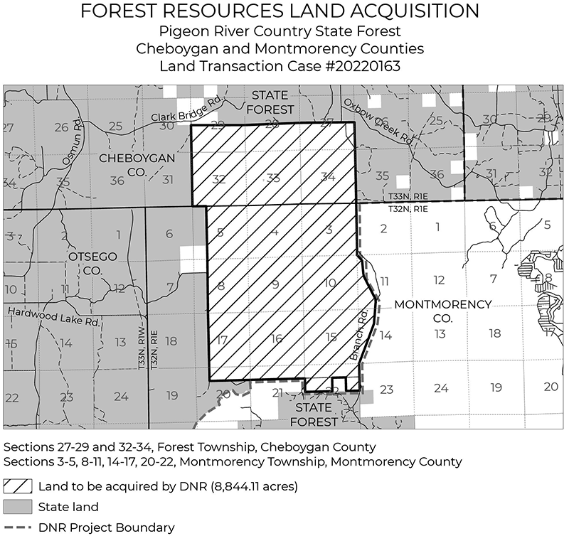 20220163 Black River Ranch: The DNR purchased approximately 8,844 acres of land in Montmorency and Cheboygan County to be managed as part of the Pigeon River Country State Forest. 