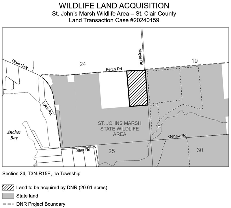 20240159 Snyder Tract: The DNR purchased 20.61 acres of land in St. Clair County to be managed as part of the St. Johns Marsh State Wildlife Area. 