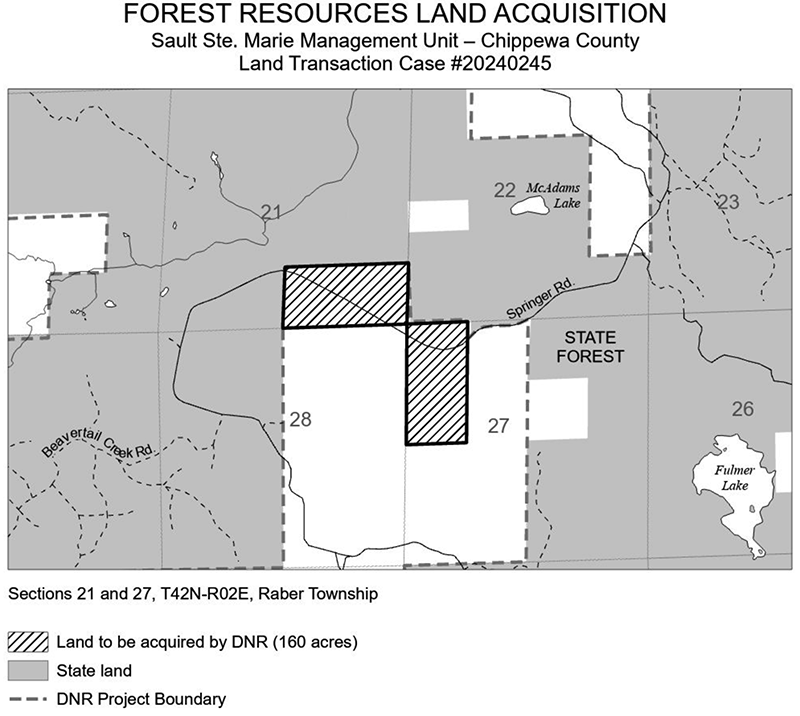 20240245 Demko Tracts: The DNR purchased 160 acres of land in Chippewa County to be managed as part of the Sault Ste Marie Forest Management Unit. 