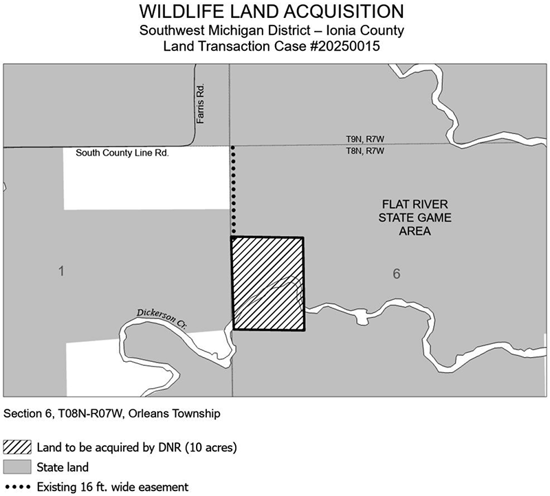 20250015 Horton Tract: The DNR purchased 10 acres of land in Ionia County to be managed as part of the Flat River State Game Area. 