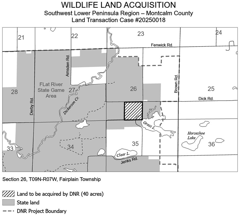 20250018 Sterner Tract: The DNR purchased 40 acres of land in Montcalm County to be managed as part of the Flat River State Game Area. 