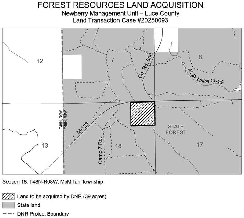 20250093 Dicus Tract: The DNR purchased 39 acres of land in Luce County to be managed as part of the Newberry Forest Management Unit. 
