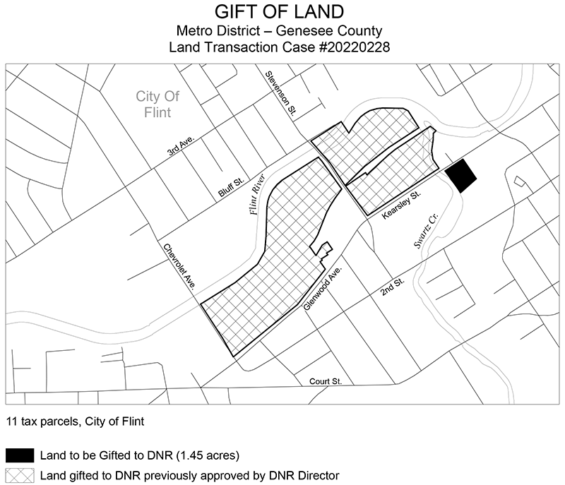 20220228 General Motors Gift: General Motors gifted the State of Michigan approximately 1.45 acres in the City of Flint to be managed as part of the Flint State Park. 