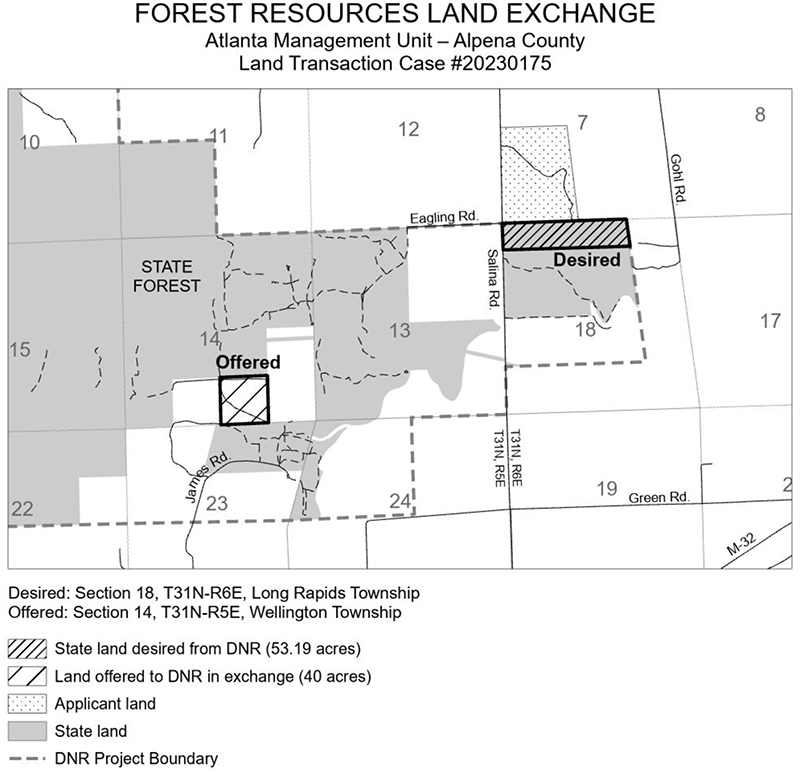 20230175 MacArthur Exchange: This exchange was offered by the applicant to acquire 53.19-acres of land adjacent to their private ownership in exchange for 40 acres of land with frontage on the Thunder Bay River. 