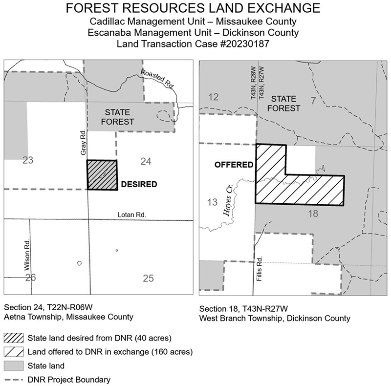 20230187 – Hereau Exchange: This exchange was offered by the applicant to acquire 40-acres of land in Missaukee County in exchange for 160 acres of land in Dickinson County.