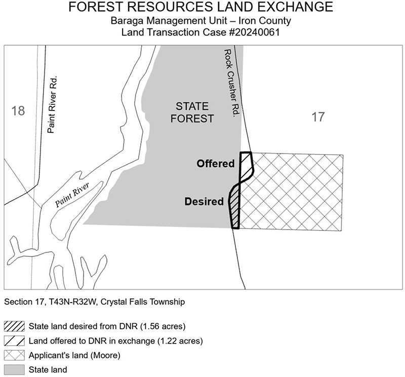 20240061 – Moore Exchange: The applicant offered 1.22-acres of land in exchange for 1.56 acres of land to resolve a long-standing structural trespass. 