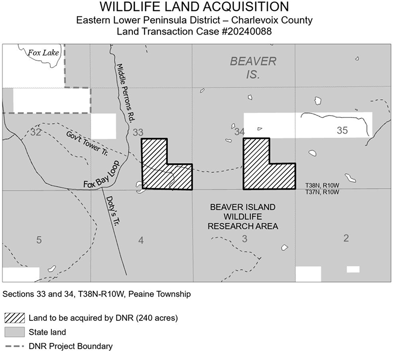 20240088 Double L Camp: The DNR purchased 120 acres of land in Charlevoix County using the Land Exchange Facilitation Fund and the Wetlands General Fund. 