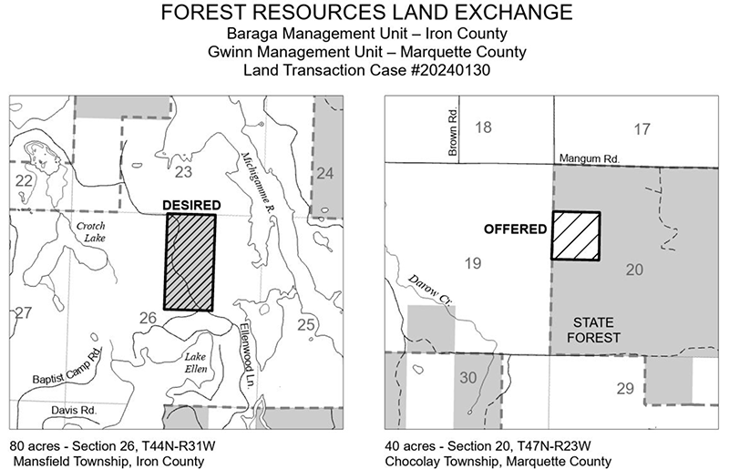 20240130 Ford River Exchange: This exchange was offered by the applicant to acquire 80 acres of land in Iron County in exchange for two 40-acre tracts in Marquette County. 