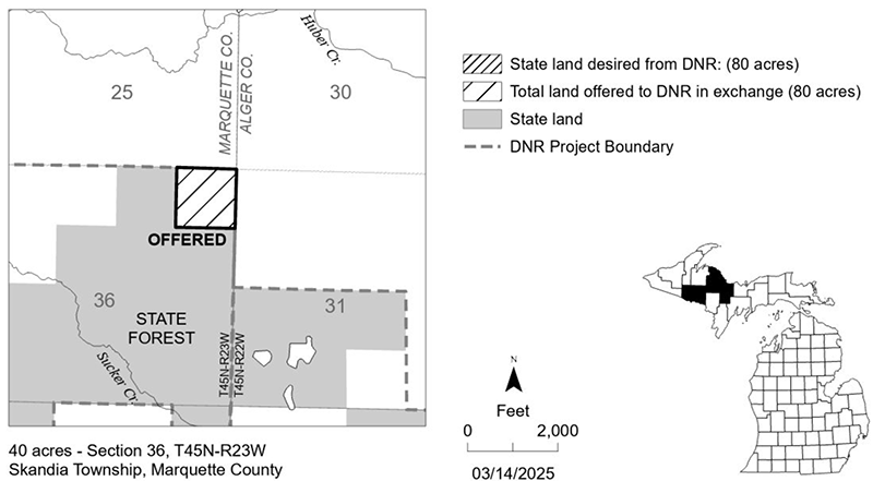 20240130 Ford River Exchange: This exchange was offered by the applicant to acquire 80 acres of land in Iron County in exchange for two 40-acre tracts in Marquette County. 