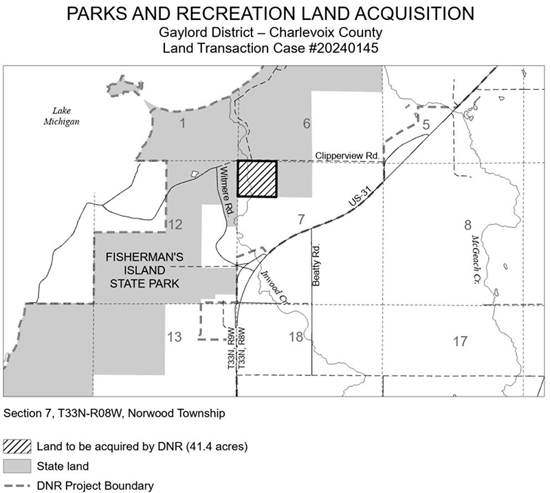 20240145 Mol Tract: The DNR purchased 41.4 acres of land in Charlevoix County using the Land Exchange Facilitation Fund. 