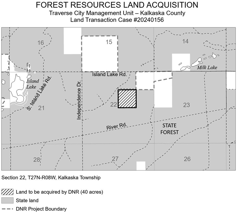 20240156 Rosenow Tract: The DNR purchased 40 acres of land in Kalkaska County using the Land Exchange Facilitation Fund. 