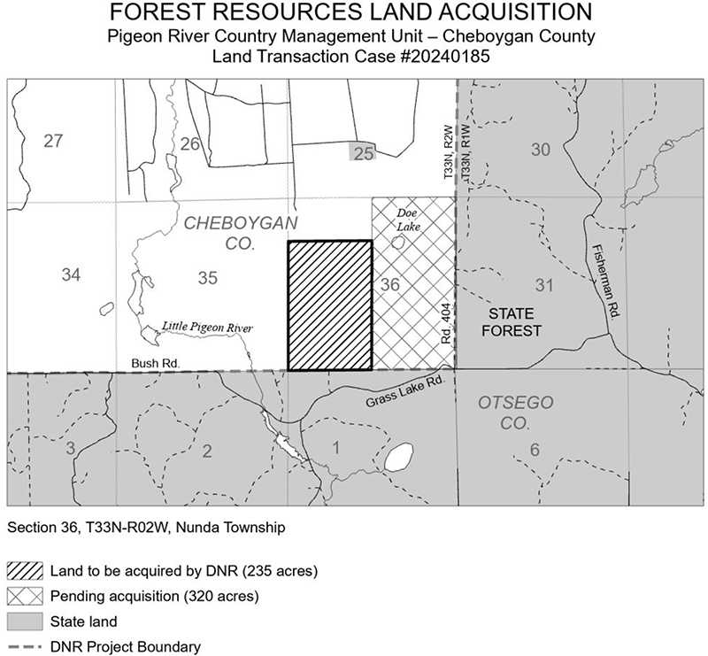 20240185 Huron Pines – Elk Run Tract: The DNR purchased 235 acres of land in Cheboygan County