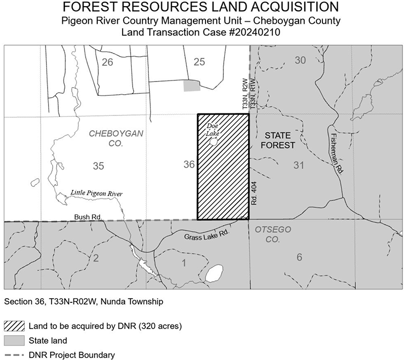 20240210 Doe Lake Tract: The DNR purchased 320 acres of land in Cheboygan County, adjacent to the Elk Run Tract, with a grant provided by the Michigan Natural Resources Trust Fund. 