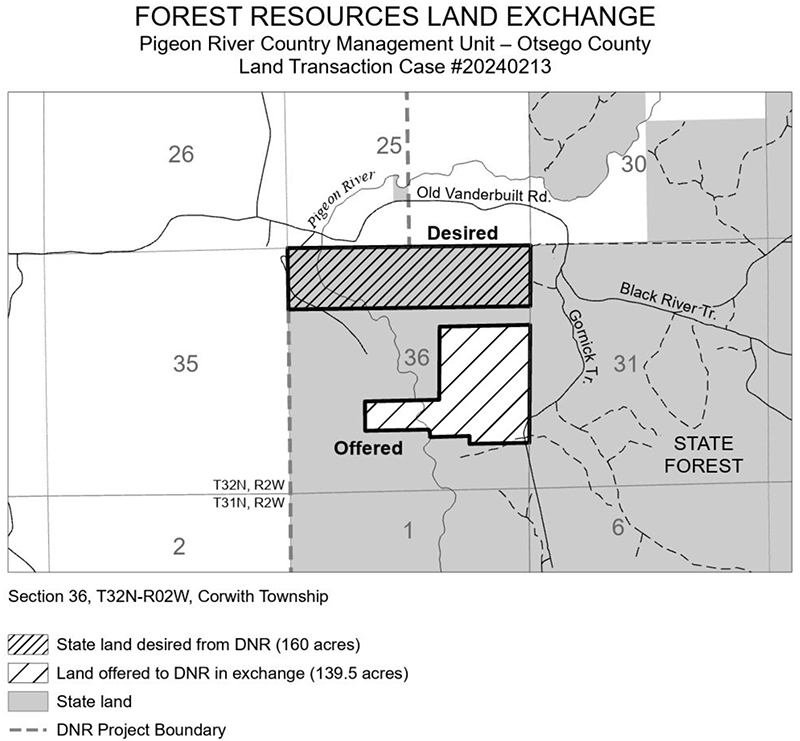20240213 Schock Exchange: This exchange was offered by the applicant to acquire 160 acres of land for 139.5 acres of land in Otsego County. 