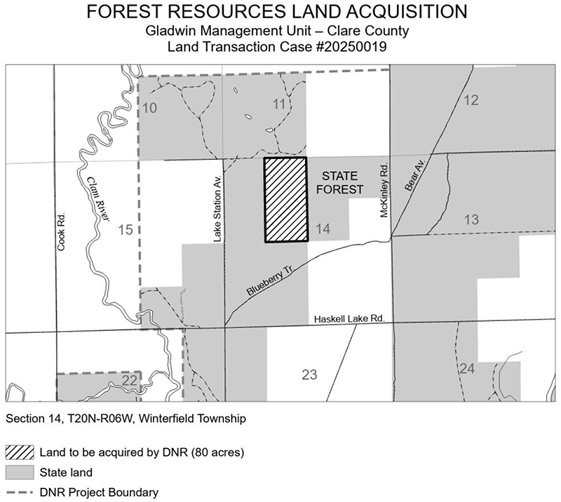 20250019 Stemple Tract: The DNR purchased 80 acres of land in Clare County using the Land Exchange Facilitation Fund. 