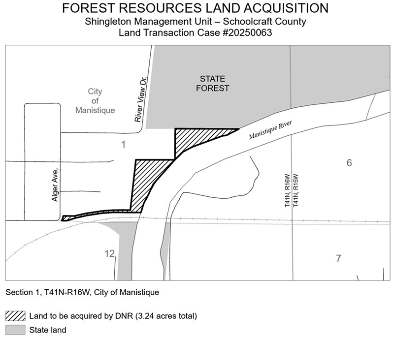 20250063 Act 123 Schoolcraft County Purchase: The DNR purchased approximately 3.24 acres of land from Schoolcraft County in the City of Manistique 