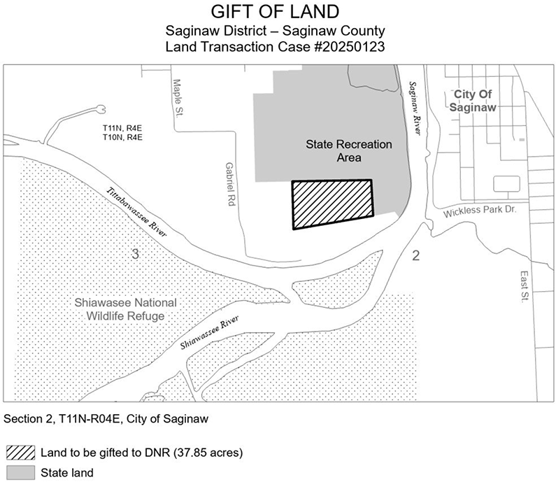 20250123 Saginaw County Land Bank Gift: Saginaw County Land Bank gifted the DNR approximately 37.85 acres of land in the City of Saginaw 
