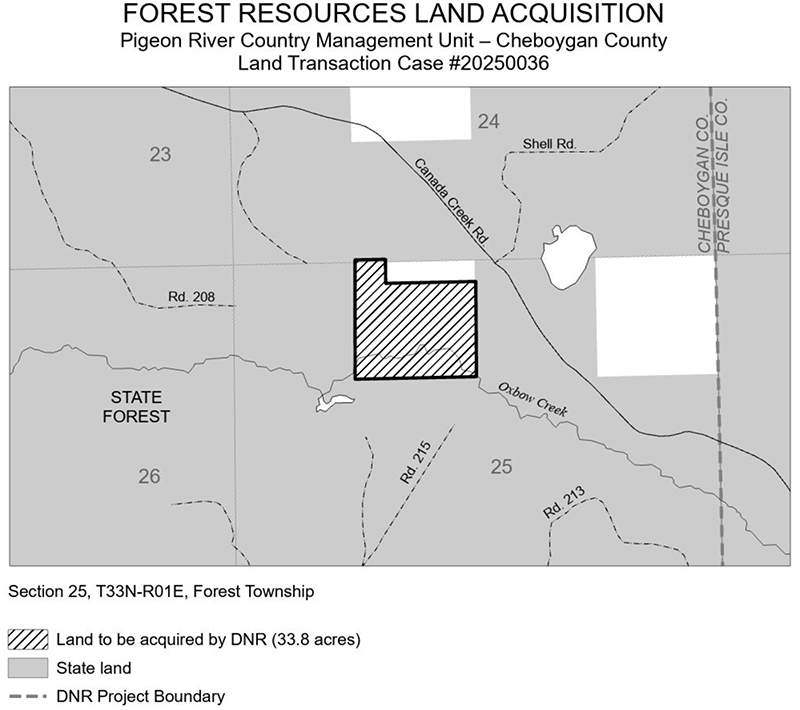 20250036 Perry Estate Tract: The DNR purchased 33.8 acres of land in Cheboygan County using the Land Exchange Facilitation Fund. 