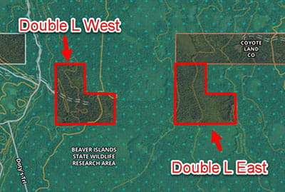 Map showing two L-shaped areas marked in red