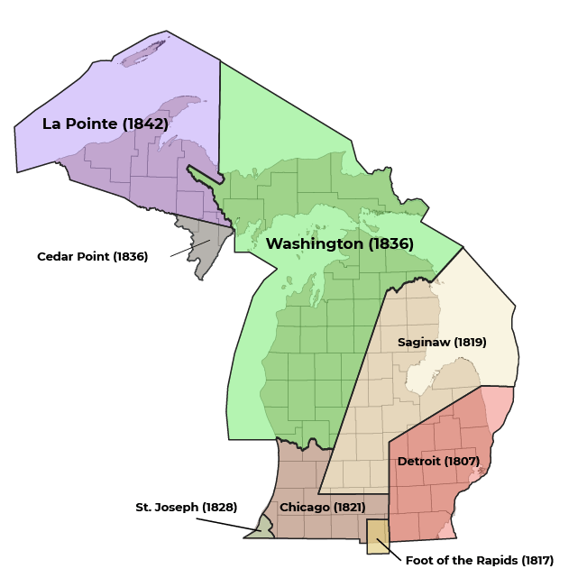 A map showing treaty boundary areas across Michigan