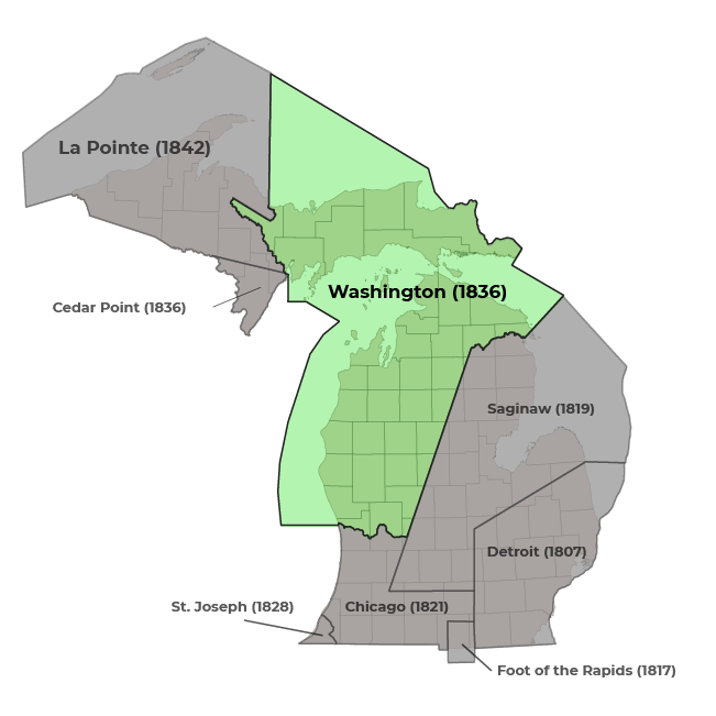 A map highlighting the 1836 Treaty of Washington boundaries