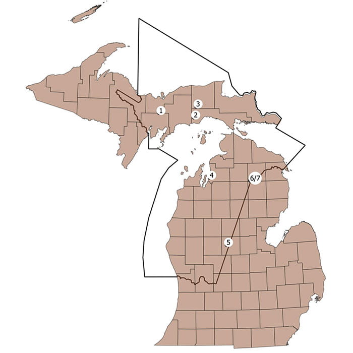 A map showing the location of the 7 selected lakes for the inland walleye study