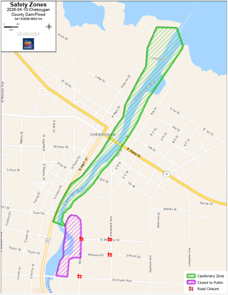A map of the immediate area surrounding the Cheboygan Lock and Dam Complex, showing the cautionary zone, road closures and areas closed to the public. 