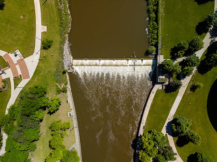 bird's-eye view of dam in Flint River