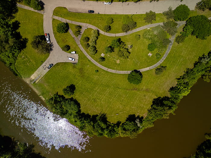 bird's-eye view of park and boating access site and river