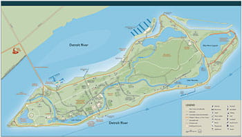 Map of Belle Isle Park, including roads, sidewalks, water and a legend