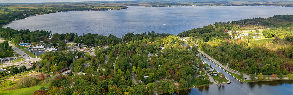 bird's eye view of channel and campground