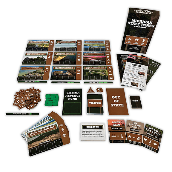card game pieces, including cards, box, cubes