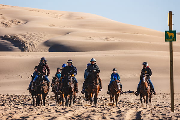 horseback riders with sandy dune in background
