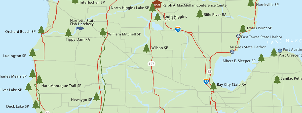 section of Michigan map with marked state parks