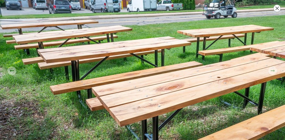Wood picnic tables made from wood fresh from the sawmill