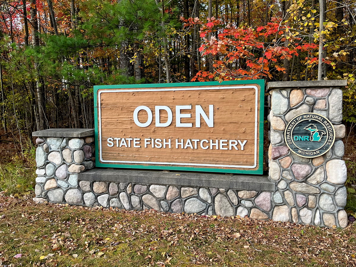 A sign for Oden State Fish Hatchery. 