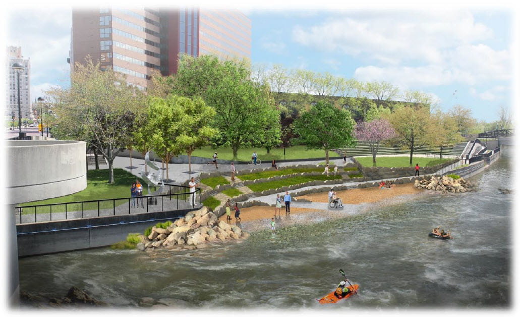 Conceptual drawing of possible riverfront feature in new Flint state park showing a beach area with a walkway and kayakers on the river.