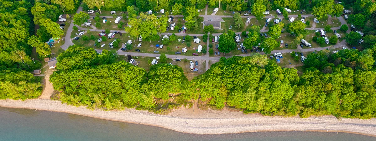 bird's eye view of Lakeport State Park campground and shoreline