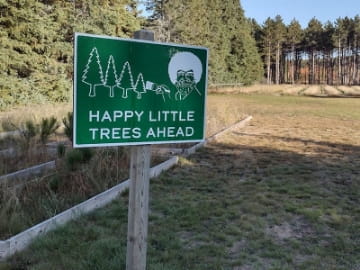 A Happy Little Trees Ahead sign in front of a tree nursery
