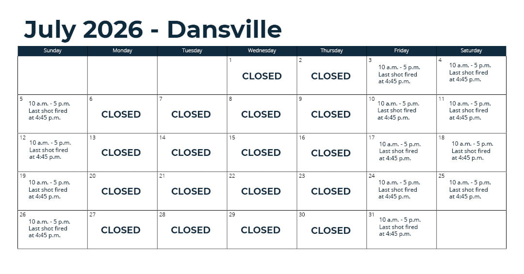 Days open – April 17 through mid-December: Friday through Sunday from 10 a.m. to 5 p.m.* (closed Monday through Thursday). *See range webpage for a list of upcoming exceptions for holidays. Last shot at fired at 4:45 p.m.