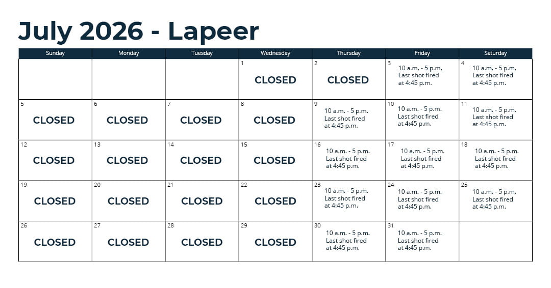 Days open – April 16 through mid-December: Thursday, Friday and Saturday from 10 a.m. to 5 p.m. (closed Sunday through Wednesday).* *See range webpage for a list of upcoming exceptions for holidays and maintenance days. Last shot at fired at 4:45 p.m.
