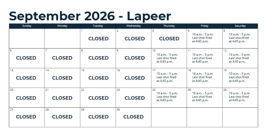 Days open – April 16 through mid-December: Thursday, Friday and Saturday from 10 a.m. to 5 p.m. (closed Sunday through Wednesday).* *See range webpage for a list of upcoming exceptions for holidays and maintenance days. Last shot at fired at 4:45 p.m.