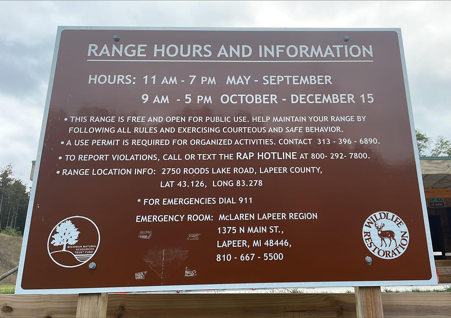 Range Hours and Information sign at Lapeer Shooting Range