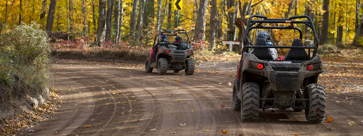 ORVs riding a unpaved road with fall colors