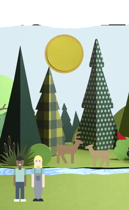 paper cutouts with trees, deer and people