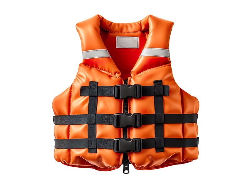 An orange life jacket with black straps