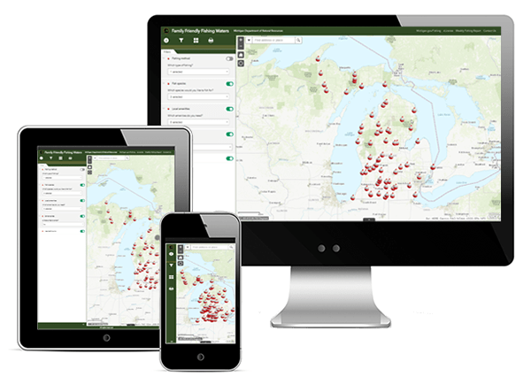 Screenshot of Family Friendly Fishing Waters map in desktop, tablet and mobile view
