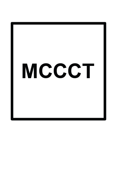a white rectangle with a black outline and the letters MCCCT in black