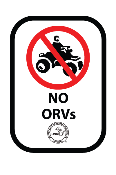 a white sign with a black ORV under a red circle with a red slash and the text No ORVs indicating no ORVs allowed