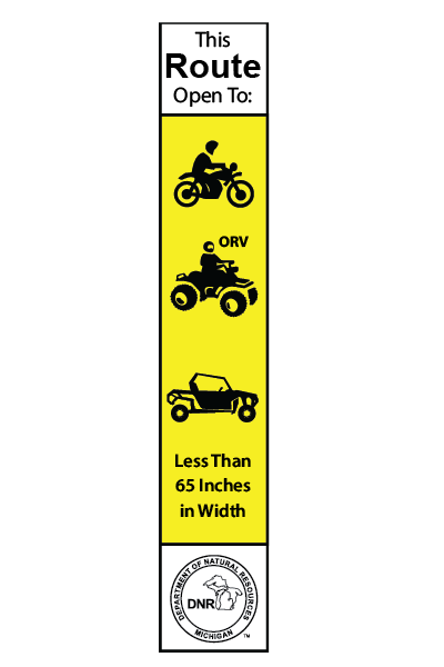 Yellow sign with black graphics of a motorcycle, ORV and ATV under 65 inches allowed on trail